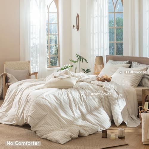 Image of MooMee Striped Duvet Cover Set 100% Washed Cotton Linen Like Twin | Relaxed Linen-like Texture. Soft, Breathable & Long-lasting Comfort. Lightweight. Hidden Zipper with 8 Interior Corner Ties