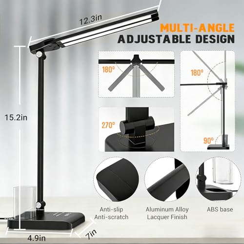 Image of ELEPHANTBOAT Table Lamp for Study Room, LED Study Lamp with Dual Light Bars, Dimmable Eye-Caring Desk Light with 5 Color Modes, USB Study Table Lamp with Pen Holder, Touch Control