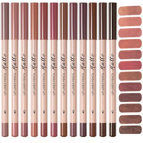 Aseawave Matte Lip Liner Set 12 Colors Brown Tone Natural Lip Makeup Ultra Fine Lip Liner & Eyeliner Set Creamy Long Lasting High Pigmented Pencil Various Shades of Brown