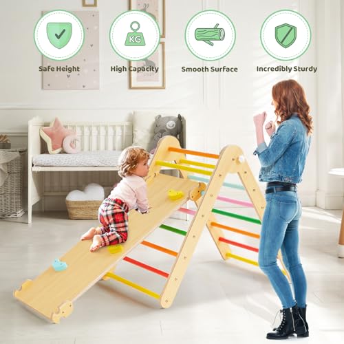 Image of Beright 5 In1 Pikler Triangle Gym, Foldable Climbing Triangle Ladder Toys with Ramp, Indoor Climbing Toys for Kids, Play Gym, Arch Climber, Rocker, Learning Waldorf Children Toy Structure, Rainbow