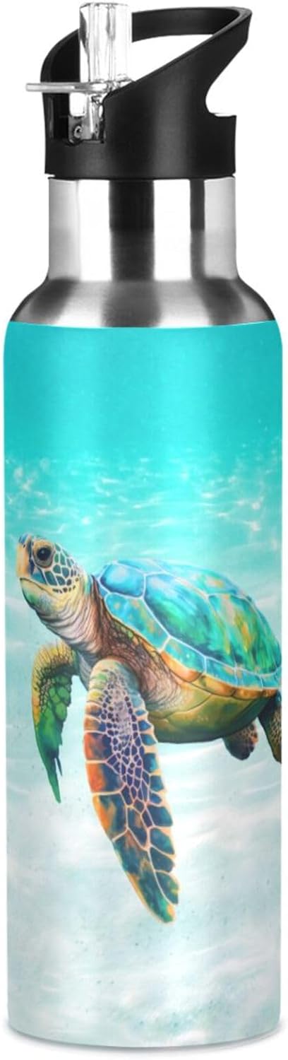 Sea Turtle Blue Teal Water Bottle Kids Insulated Boys Girls Stainless Steel Hot Cold Water Flask with Straw Lid for Sports Gym Running 20 oz
