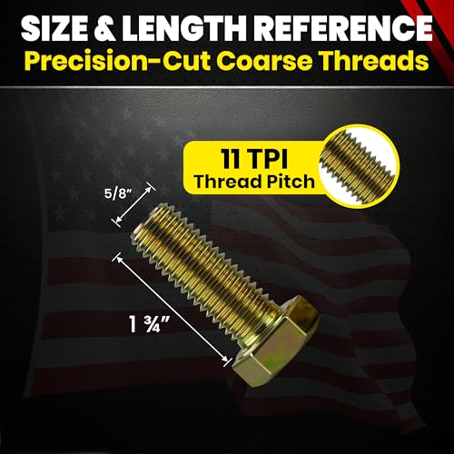 Image of Chenango Supply 5 /8-11 x 1-3 /4 inch Grade 8 Hex Head Cap Screws | Alloy Steel Hex Bolts, 150,000 PSI Tensile Strength, Yellow Zinc Chromate Finish, USS Coarse Thread Fasteners (10 Pack)