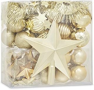 SA Products Christmas Tree Decorations - Star & Ball Decorative Holiday Accessories & Ornaments for Tree Branches, Xmas Wreath, Tabletop Centrepiece - Durable, Shatterproof Baubles - Set of 42 - Gold