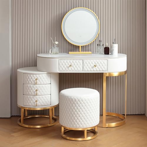 FUKAYI Premium White Faux Leather Vanity Desk Set with Integrated LED Mirror, Comfy Stool and Multifunctional Drawers, White desk