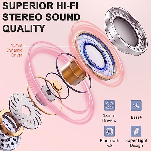 Image of Wireless Earbuds, Bluetooth Headphones, Stereo Bass Ear Buds with ENC Noise Cancelling Mics,42H Bluetooth Earbuds with LED Display Charging Case, IP7 Waterproof Earphones for Android iOS /Light pink