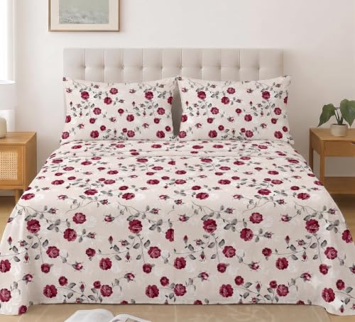 Image of IVAZA 240 TC Soft Ezyption Cotton Floral Print King Size Bedsheet - with 2 Pillow Covers, Hypoallergenic, Brethable, (Size- 90 x 90 Inch) Deep Rose