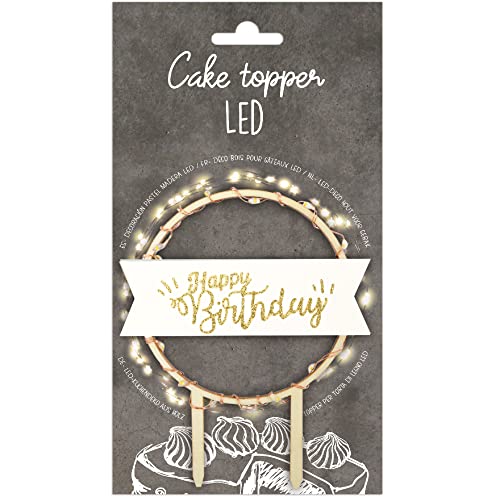 Scrapcooking – Cake Topper LED 'Happy Birthday' – beleuchtete Dekoration aus Holz Geburtstag für Kuchen, Torten, Gebäck, Kuchen & Desserts – Ornament für Partys – 4962 Weiß und Gold