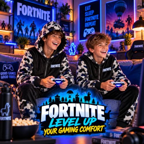 Get Trend Fortnite Onesie for Boys Teens 7-16 Years, Hooded Fleece Jumpsuit Pyjamas, Cosy PJs Loungewear, Gamer Gifts for Boys (15-16 Years, Black Camo Fortnite) — photo 2