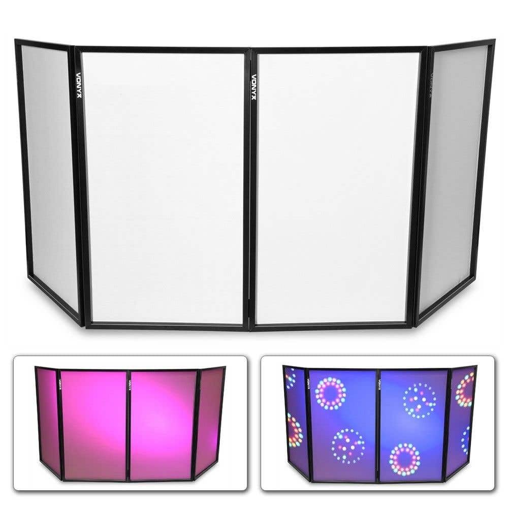 Vonyx DB2 DJ Screen, Verkleidung für DJ Pult inkl. Tasche, zusammenklappbarer und mobiler DJ Stand, 280cm x 120xm, Booth, mit integrierter Leinwand für ein professionelles Bühnenbild, Weiß