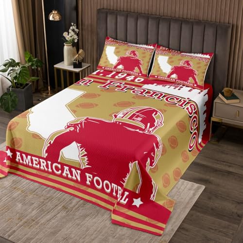 jejeloiu Football Coverlet Set Sports Game Bedspread for Kids Boys Girls American Football City Bedspread Red Gold Quilted (San Francisco) with 2 Pillowcases 3Pcs Bedding King