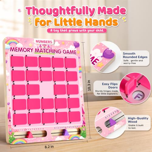Image of Matching Memory Game for Kids Ages 3 4 5 6 Year Old, Travel Toy for Boys Girls, Wooden Board Game, Road Trip Essentials for Toddler, Airplane Car Camping Activity, Ideal Christmas Birthday Gifts, Pink