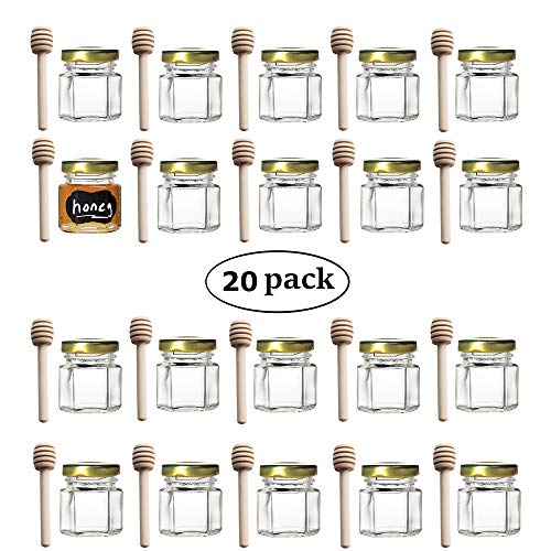 1.5 oz Hexagon Mini Glass Honey Jars with Wood Dipper, Gold Lid, 20