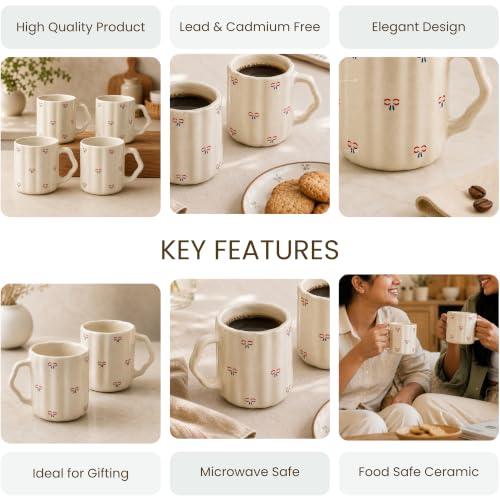 Image of The Earth Store Cream Bow Coffee Mug - 300ML Ceramic Coffee Mugs Set of 4 | Microwave & Dishwasher Safe Mugs for Gift | Home | Office | Restaurant | Daily Use