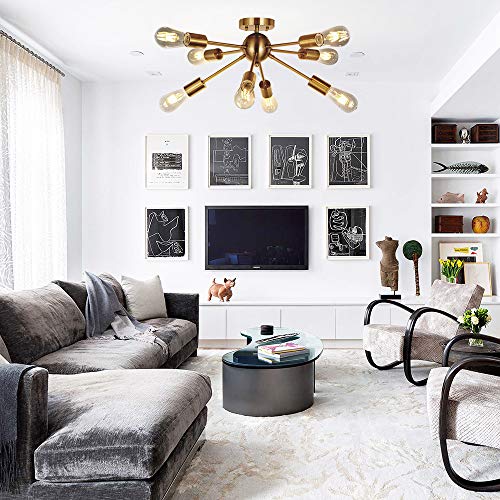 Vinluz 8 Light Sputnik Chandelier Light Fixtures Deeper Brass Semi Flush Mount Ceiling Light Modern Pendant Lighting Mid-Century Starburst Style Ceiling Lamp For Kitchen Room Bedroom Dining Room #TOP6