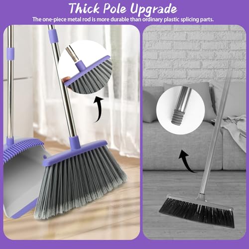Image of Broom and Dustpan Set with 51 inch Adjustable Long Handle-Gray Purple | Long Handle and Standing Dust Pan with Comb Teeth, Efficient Floor Cleaning for Kitchen, Outdoor, Dorm, Apartment, Office
