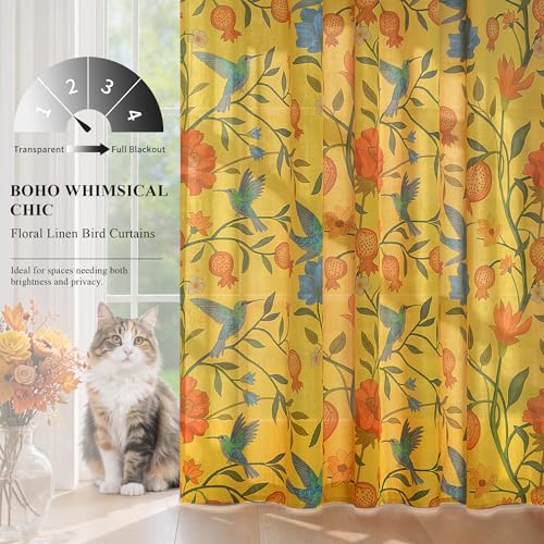 Image of JOOJA Mustard Yellow Floral Linen Curtains, Boho Whimsical Bird Print Curtains for Bedroom Window Colorful Patterned Sheer Curtains for Living Room Kitchen 2 Panels 63 Inches Long