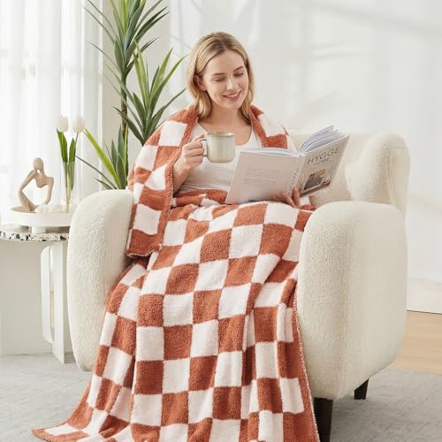 WRENSONGE Checkered Throw Blanket, Autumn Leaf Orange Soft Cozy Fluffy Warm Hand Made Throw Blankets for Couch, Sofa, Chair, Bed, Camping, Picnic, Travel Lightweight Bed Blanket - 60"*80" — view 3