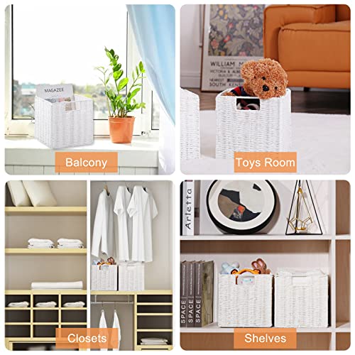 Vagusicc Wicker Storage Basket, Set of 2 Hand-Woven Storage Baskets for Organizing, Foldable Cube Storage Bins, 11 Inch Wicker Storage Baskets for Shelves and Decor, Square Closet Organizer, White