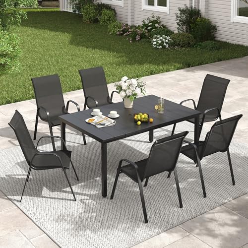Image of VICLLAX Patio Dining Set for 6, All Weather Metal 7 Pieces Patio Set-63 Rectangle Outdoor Table and Stackable Chairs for Lawn Garden and Backyard, Black Tabletop
