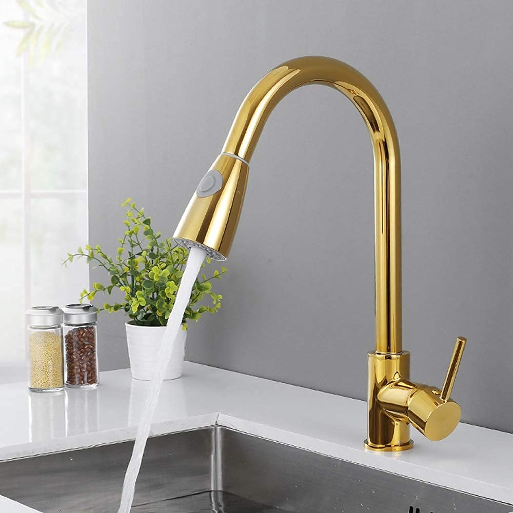 Baterie, łazienka Złota wyciągana głowica natryskowa Bateria kuchenna 2 tryb opryskiwacza 360 obrót Pojedynczy uchwyt Mixer Tap Żuraw do zlewu Pojedynczy uchwyt Deck Mounted/a little surprise