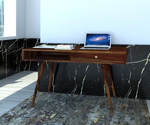 Image of DEMIWALL Wooden Writing Study Desk Table for Home & Office | Laptop Computer Table with One Drawers & One Open Shelf Storage for Adults & Students | Sheesham Wood, Brown Finish