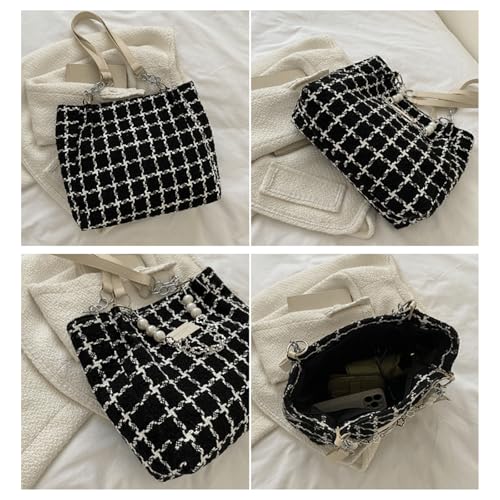 Checkered Crossbody Bag Knitted Plaid Tweed Tote Bag Elegant Checkered Shoulder Purse with Pearl Charm Vintage Woven Handbag4