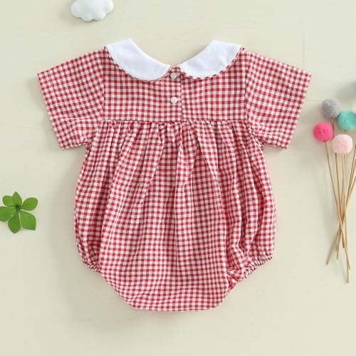 Honganda Newborn Infant Baby Girl Bubble Romper Fire Truck Doll Collar Short Sleeve Smocked Onesie Plaid Jumpsuit4