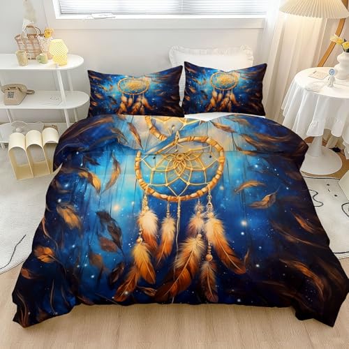 Housse de couette 200x200 bohème jaune et bleu en microfibre avec plumes
