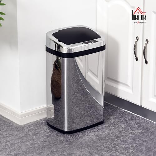 HOMCOM 30L Automatic Kitchen Bin with Lid, Stainless Steel Sensor Bin with Infrared Motion Sensor for Home Office, Bathroom, Living Room, Silver