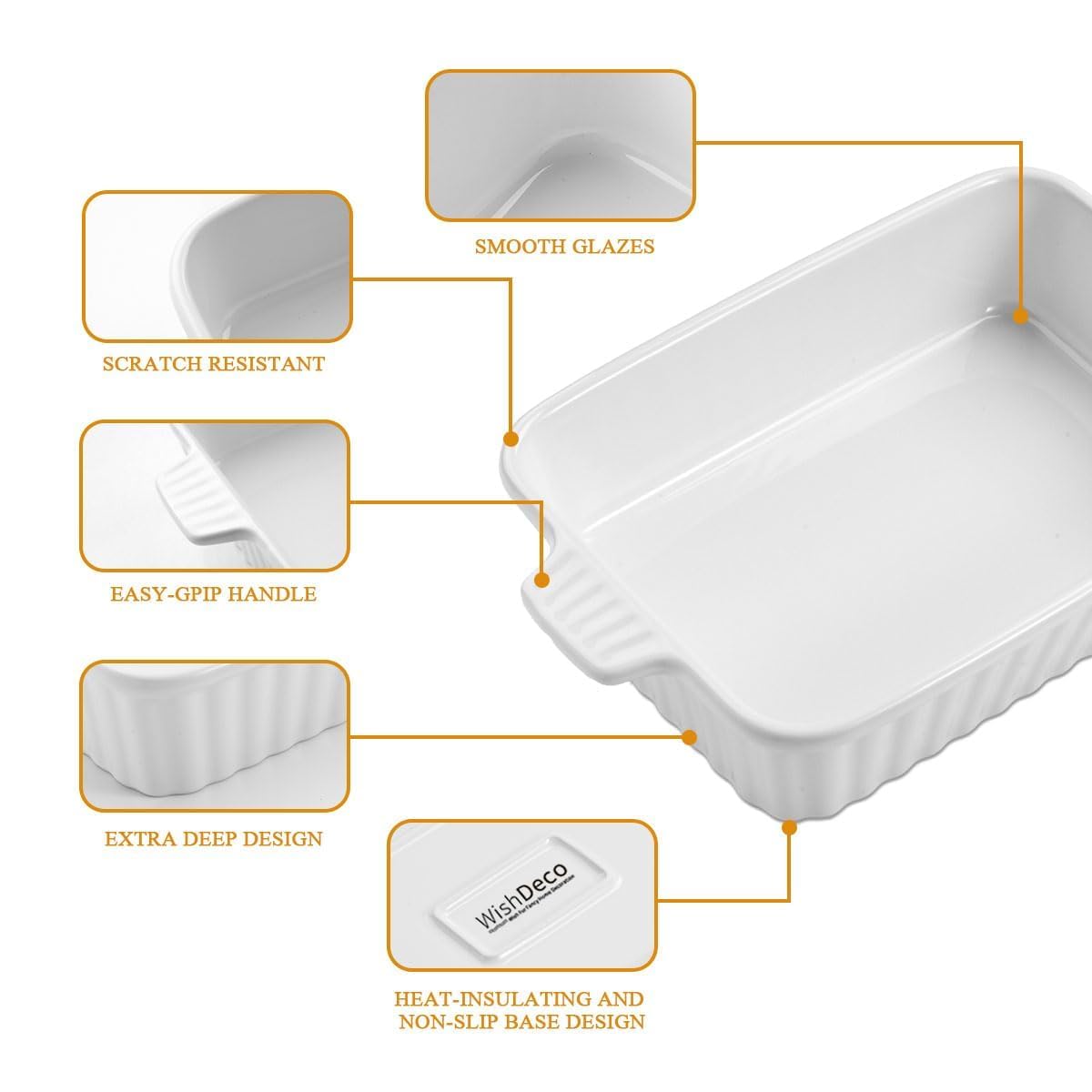 WishDeco 4-teiliges Auflaufform Set, Rechteckig Lasagne Backformen Set aus Keramik, Ofenfeste tiefe Gratinform mit Griffen, Mikrowellengeeignet & Spülmaschinenfest, Weiß