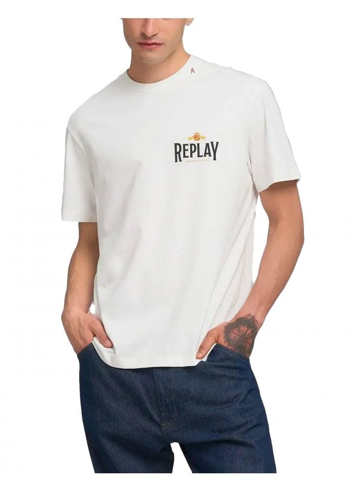 REPLAY Męski t-shirt z bawełny o luźnym kroju, 011 Natural White, XL