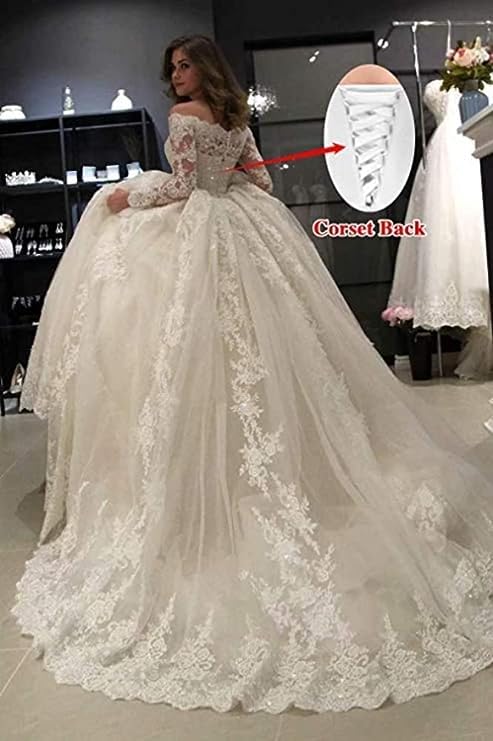 Snow Lotus Abito da Sposa in Pizzo con Spalle Scoperte da Donna Abiti da Sposa a Maniche Lunghe-Taglia Nuziale 38, Abito da Sposa Italiano Taglia: 38ESBAN