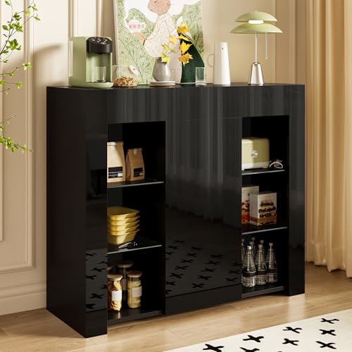 MSMOK Buffet negro de 95 x 35 x 83 cm. Frontal de alto brillo moderno, compacto y elegante, solución de almacenamiento con estantes de cristal y puerta de armario para salón, comedor o cocina