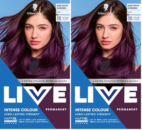 Image of Schwarzkopf LIVE Intense Colour U69 Amethyst Chrome, Long-lasting Permanent Violet Hair Dye, With Extra Colour Refresh Gloss (Pack of 2)