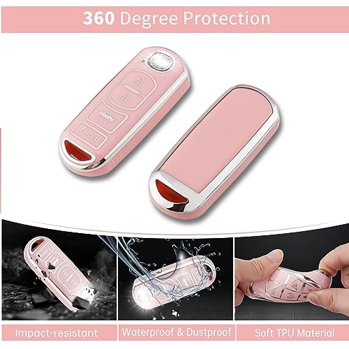 Image of Pangpai Pink Mazda Key Fob Cover, Soft TPU Case with Bling Keychain Fit for 3, 6, Miata MX-5, CX-5, CX-9 Smart Remote