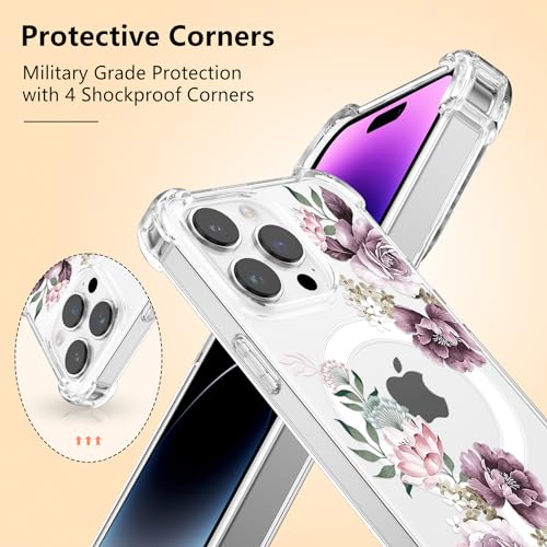 DEFBSC Magnetic Case for iPhone 14 Pro Max Work with Magsafe Clear Floral Flower Pattern Print Design Flexible Acrylic Shockproof Cover for Women Girls,Flower Protective Phone Case,Purple Peony