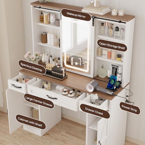 43 Inch Farmhouse Vanity Desk with Mirror and Lights Rustic Makeup Vanity Table/Dresser with Charging Staion Power Outlet, Storage Drawers Hutch Shelves, Vanity Stool Included, Barn Door Style, White