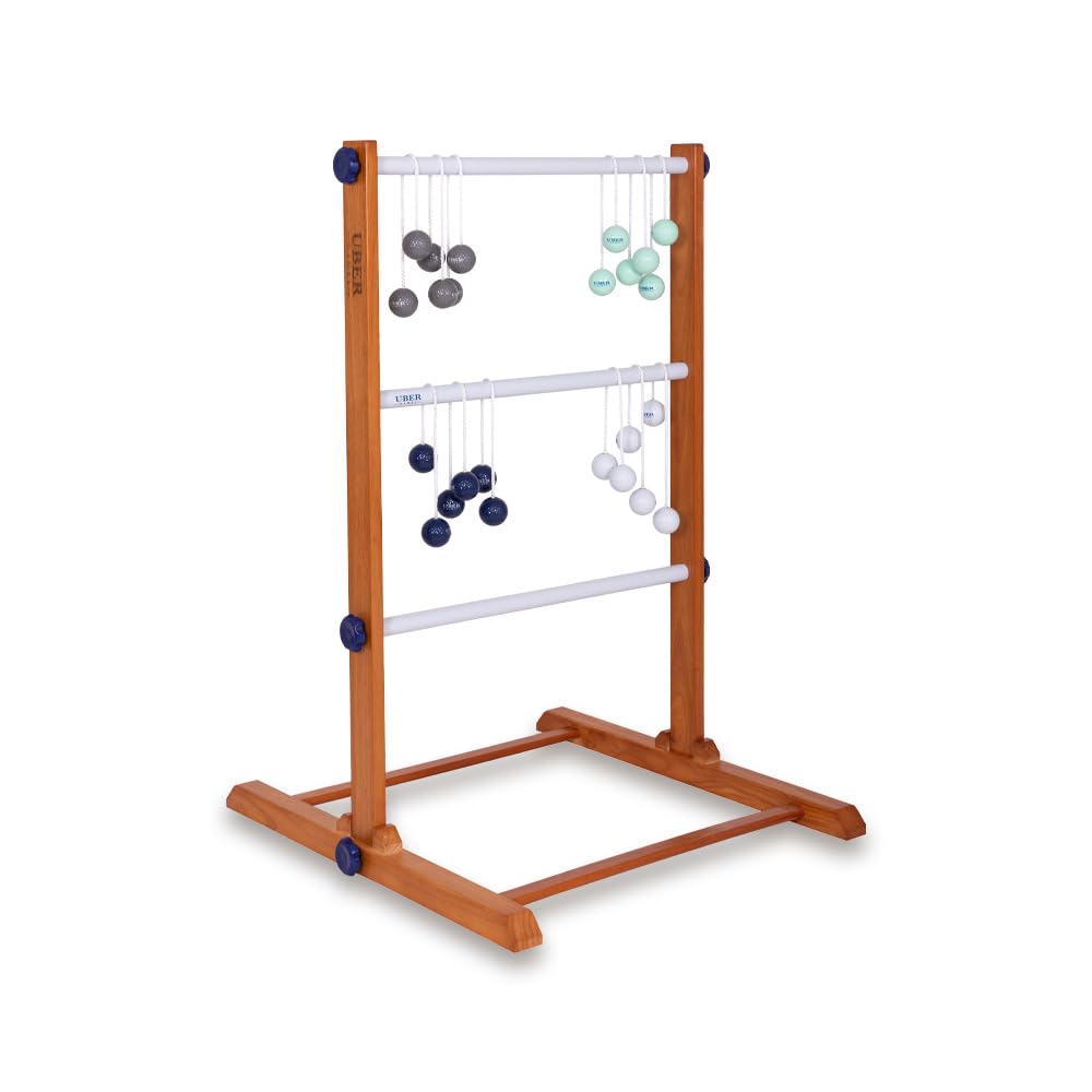 Uber Games Ladder Golf-Spielset – Hochwertiges Leiter-Gartenspiel aus Gummibaumholz – 12 Bolas-Bälle aus echtem Gold und Tragetasche und Aufbewahrungstasche aus Segeltuch