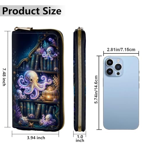 Image of Women's Wallets Credit Card Holder Money Leather Long Wallet | Long wallet with Wristlet,Large Capacity with Zip-Around Phone Purse for Women Ladies Girls,Octopus Bookshelf