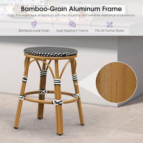 Image of PURPLE LEAF Patio French Round 26 inch Counter Stool Set of 2 Large Rattan Backless Stackable Barstools Bamboo Print Aluminum Frame Footrest with Woven Wicker for Outdoor Kitchen Yard Black