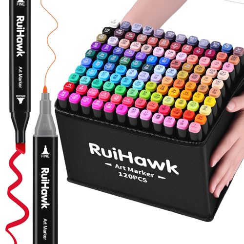 RuiHawk 120 + 2 Colours Alcohol Pen Set, Chisel & Fine Double Art Marker Felt Pen Set, 2 Seconds Quick Drying Alcohol Marker with Anti-Seepage Spacers for Painting, Design, Manga RuiHawk 120 + 2 Colours Alcohol Pen Set, Chisel & Fine Double Art Marker Felt Pen Set, 2 Seconds Quick Drying Alcohol Marker with Anti-Seepage Spacers for Painting, Design, Manga