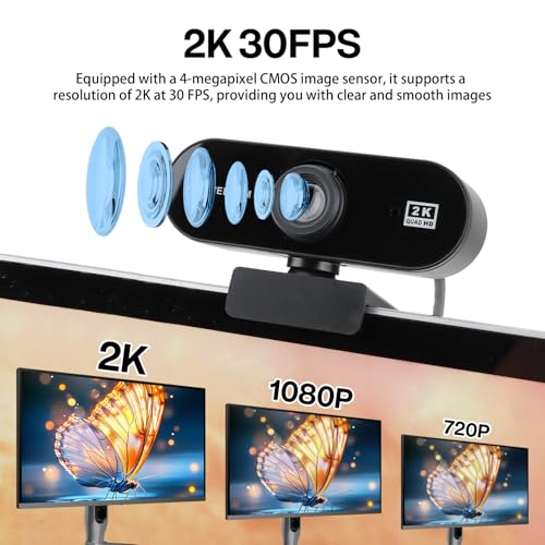 JCSJK Webcam 2K 30FPS, Full HD Caméra USB PC Micro Angle Réglable Plug and Play pour Ordinateur Bureau Windows MacOS Streaming Youtube Skype Appel Vidéo Zoom Vidéoconférence – Image 3
