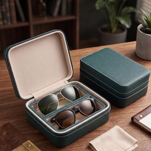 Image of ROSELLE Eyewear Travel Case for women men, Luxury leather 2 /3-Slot Eyeglasses Storage Box for Multiple Glasses and Sunglasses
