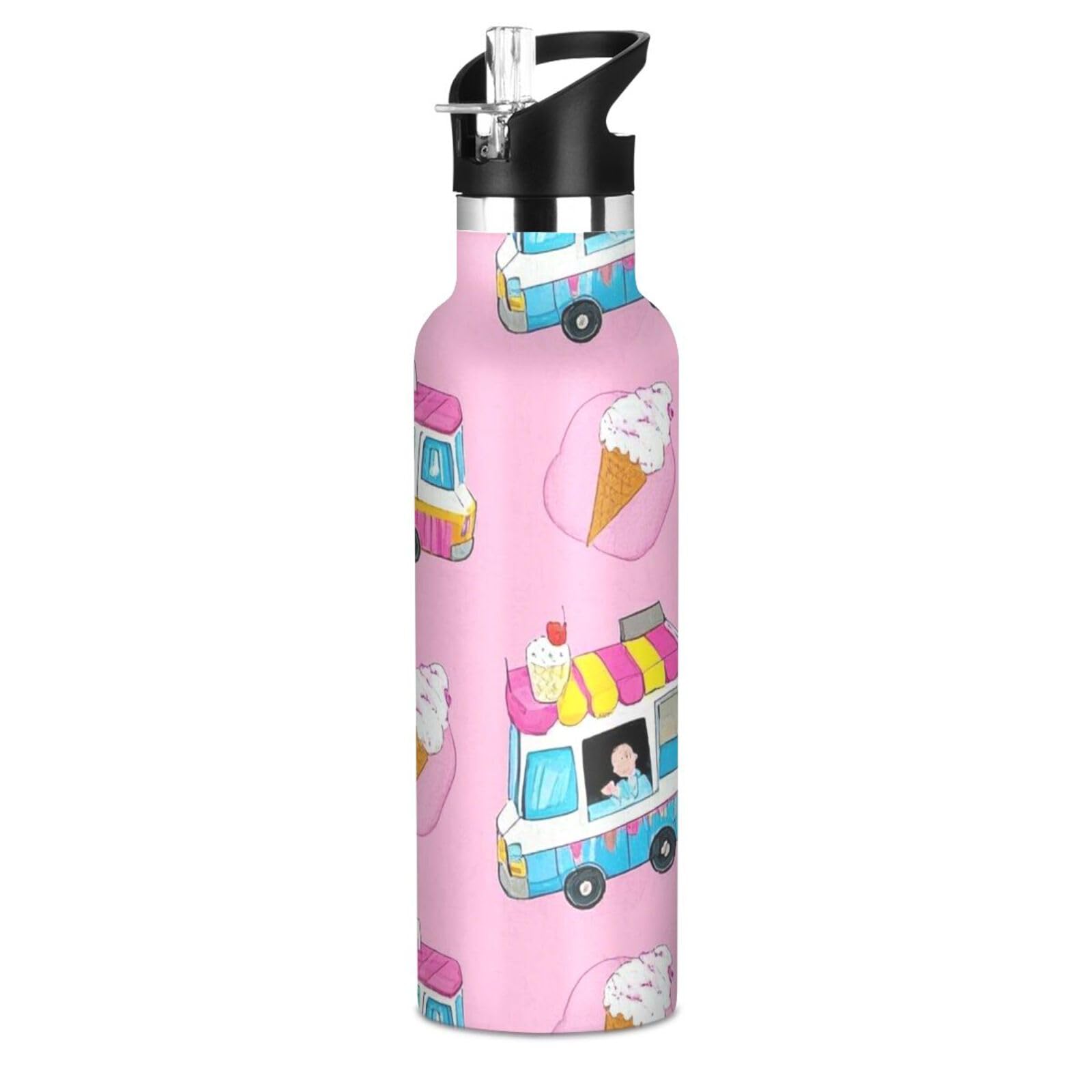 Pink Ice Cream Truck Summer BPA-Free Leak Proof Kids Metal Water Bottle With Straws Leak-proof Double-Wall Insulation for