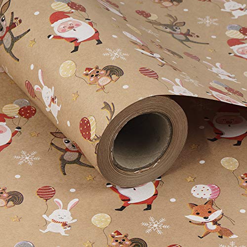 RUSPEPA Christmas Wrapping Paper, Kraft Paper - Dancing Santa Claus and Animals Design - 24 inches x 100 feet, Jumbo Roll