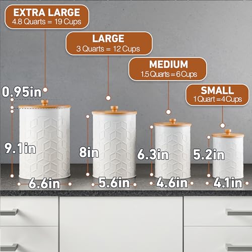 Kitchen Canisters for Countertop Set of 4 - Textured Iron Kitchen Canisters with Airtight Lids - Flour Sugar Canister Set - Flour and Sugar Containers Farmhouse - Coffee Jar for Counter - White Jar x4