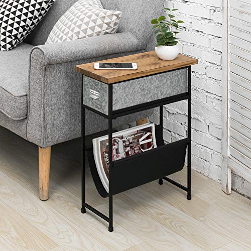 Mygift Rustic Solid Wood And Metal Narrow Small End Table, Side Table, Night Stand, Bedside Table With Silver Galvanized Drawer And Leatherette Sling Magazine Holder #TOP1
