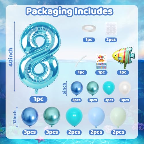 Image of 40 Inch Blue Number 8 Balloon Ocean Under the Sea Number Eight Foil Balloons Tower with Shark Bubble Fish for Boys 8th Birthday Party Decor Blue Green Underwater Digital Aluminum Balloons Stack