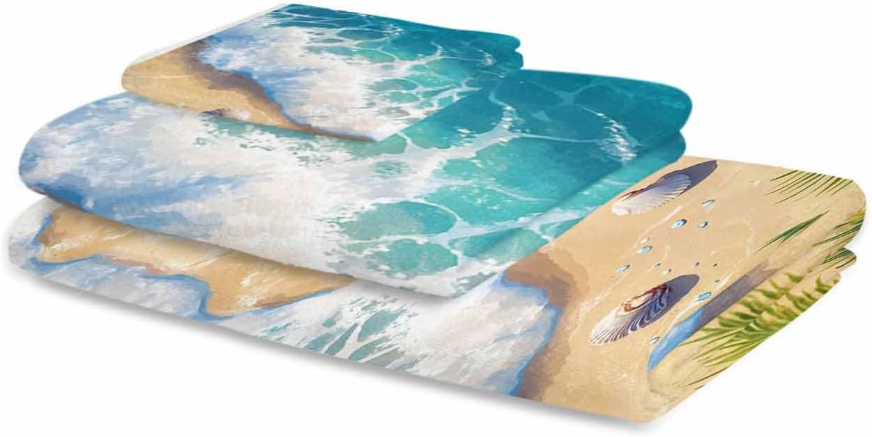Bath Towel Sets, Summer Beach Starfish Shell Bathroom Towels Soft Hand Towel Washcloth Cotton Towel Set,Absorbent Soft Bath Set for Hotel Beach Pool Coastal Blue Gradient Ocean Towels