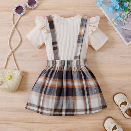 Image of AMMENGBEI Toddler Little Girl Summer Outfits Ribbed Knit Ruffle Tops and Plaid Suspender Skirt Set Kids 2Pcs Clothes